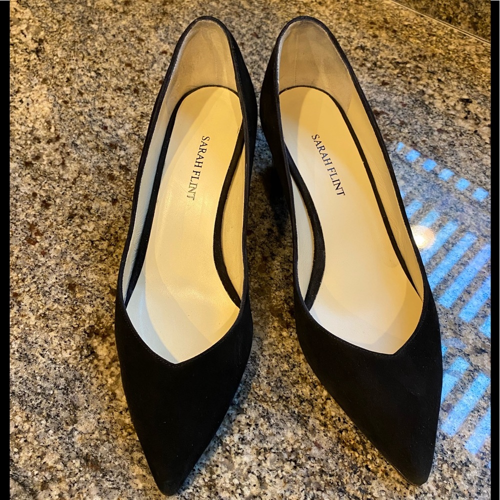Sarah Flint Emma black suede pumps.